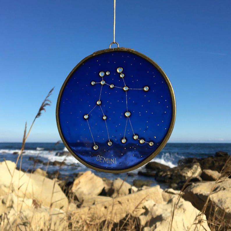 Personalized Gemini Gift Zodiac Sun Catcher in Dark Purple: Painted Glass Celestial Decor image 2