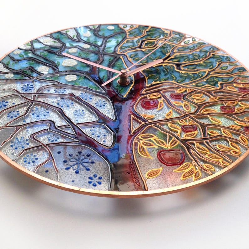 Four seasons tree clock, 24" in size, hand-painted on stained glass. This large clock is both functional and decorative, perfect for modern interiors. Silent operation makes it ideal for bedrooms, workspaces, or relaxation areas.