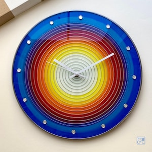 Hand-Painted Glass Wall Clock (10&quot;-24&quot;): Blue Spiral with Red, Yellow & Silver Accents