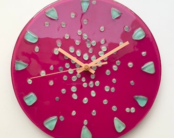 Fused Glass Clock, Recycled Glass Clock, Magenta Wall Decor, Contemporary Wall Clock, Glow in Dark, Glass Clock, 10" Wall Clock