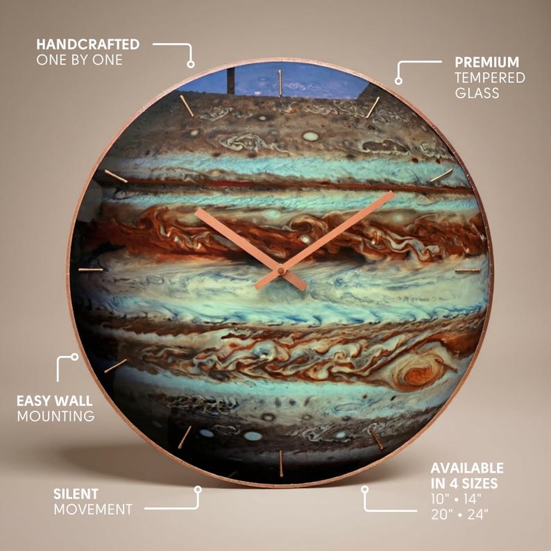 Handmade Jupiter glass wall clock features including silent movement tempered glass and wall mounting