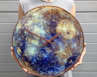 Big Wall Clock, Mercury Planet, Gemini Gift, Glow in the dark, Unique Clock, Oversized Clock, Large Wall Clock, Contemporary Glass Art Clock