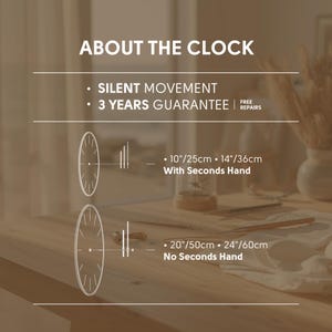 Tree of Life glass wall clock details including silent movement, 3 year guarantee, available sizes and premium craftsmanship