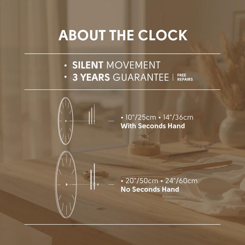 Tree of Life glass wall clock details including silent movement, 3 year guarantee, available sizes and premium craftsmanship