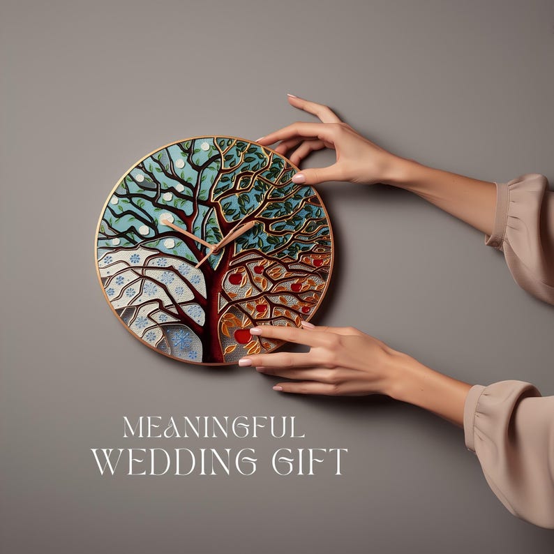 Meaningful wedding gift idea featuring handcrafted Tree of Life glass wall clock held by hands, symbolic anniversary and couple gift