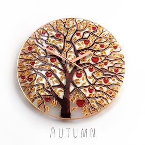 Autumn Tree of Life hand painted glass wall clock featuring warm golden leaves and meaningful seasonal home decor