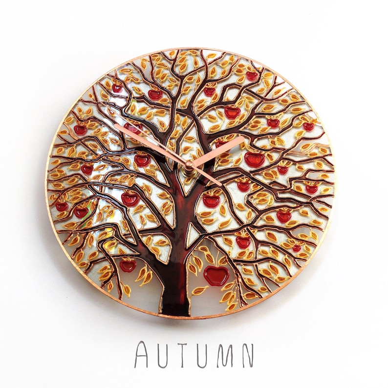 Autumn Tree of Life hand painted glass wall clock featuring warm golden leaves and meaningful seasonal home decor