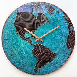 Glass Wall Clock, Sea Blue Decor, Huge Globe Clock, Unique Clock, Blue Decor, Nautical Clock, Big Wall Clock, Sea Blue Design, Glow In Dark Copper Lines