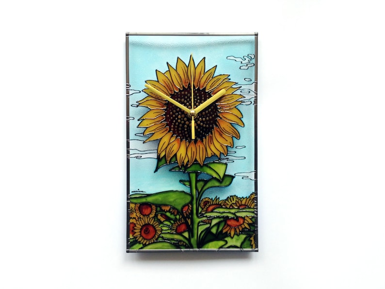 Sunflower Decor Kitchen Clock Painted Glass Art Sunflower Etsy