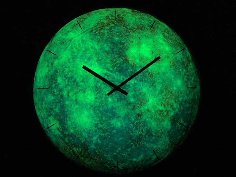 Big Wall Clock, Mercury Planet, Gemini Gift, Glow in the dark, Unique Clock, Oversized Clock, Large Wall Clock, Contemporary Glass Art Clock image 2