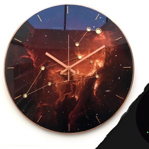 Leo Constellation Glowing Glass Clock: Zodiac Star Sign Wall Decor with Orange Nebula
