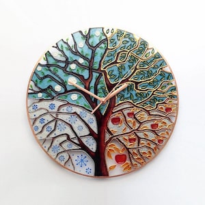 Four Seasons Tree Hand-Painted Wall Clock • Stained Glass Style • Unique Modern Art Glass Painting