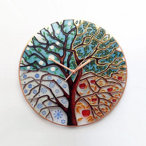 Four Seasons Tree Hand-Painted Wall Clock • Stained Glass Style • Unique Modern Art Glass Painting