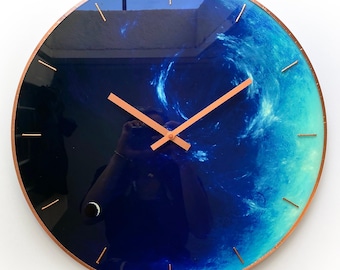 Large Wall Clock, Neptune, Pisces Sign, Nautical Clock, Blue Glass Clock, Space Clock, Modern Clock, Unique Clock, Copper Wall Clock