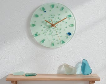 Fused Glass Wall Clock • Recycled Glass Art • Coastal Home Decor • White & Turquoise Nautical Gift