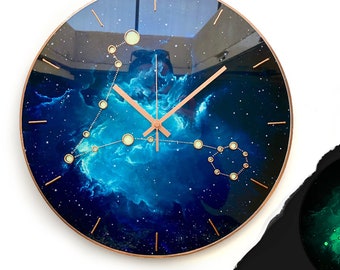 Cielo celestial, Reloj de pared, Reloj de pared elegante, Reloj de pared de vidrio, Signo de Piscis, Reloj silencioso, Reloj de arte, Reloj de pared colorido, Reloj de gran tamaño