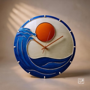 Large Wall Clock Nautical Ocean Wave • Coastal House Decor • Hand Painted Glass Clock • Gift for Dad