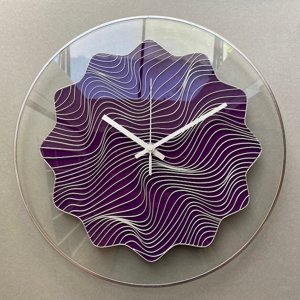 Hand Painted Glass Wall Clock: Purple Wave Art, Silent Movement