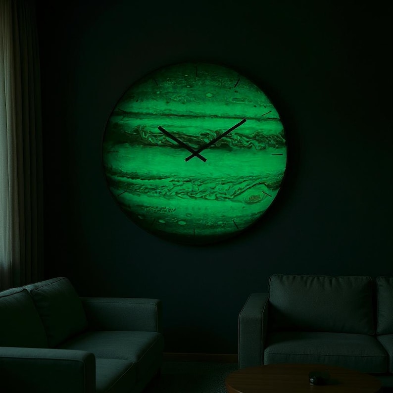 Glow in the dark Oversized Wall Clock - Jupiter planet wall clock, handmade glass celestial wall decor glowing in darkness