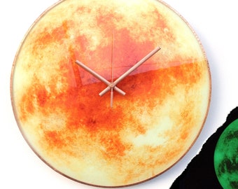 Sun Wall Clock: Glow In The Dark Celestial Glass Art in Orange, Yellow and Copper