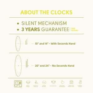 May include: A graphic showing the different sizes of clocks available. The text reads "About the Clocks", "Silent Mechanism", "3 Years Guarantee", "Free Repairs", "10" and 14" - With Seconds Hand", and "20" and 24" - No Seconds Hand".
