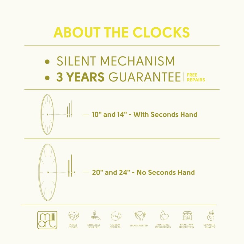 May include: A graphic showing the different sizes of clocks available. The text reads "About the Clocks", "Silent Mechanism", "3 Years Guarantee", "Free Repairs", "10" and 14" - With Seconds Hand", and "20" and 24" - No Seconds Hand".