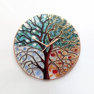 Stained Glass Clock, Wall Clock, Stained Glass, Glass Painting, Hand Painted Glass Clock, Unique Clock, Art Glass, Modern Clock,Four Seasons