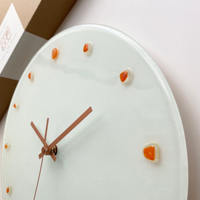 One of a Kind, 12 White Fused Glass Clock, Unique Wall Clock, Modern Wall Clock, Orange Details, Copper Colour Details, Recycle Glass Clock image 6