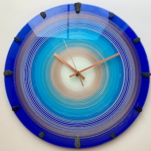 Magic Spiral, Elegant Hypnotic Glass Clock, Brown Sea Glass, Hand Painted, milliart Clock, Blue Spiral, Special Contemporary Art, Art Decor