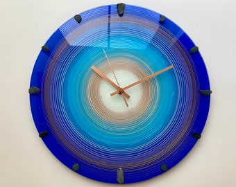 Magic Spiral, Elegant Hypnotic Glass Clock, Brown Sea Glass, Hand Painted, milliart Clock, Blue Spiral, Special Contemporary Art, Art Decor