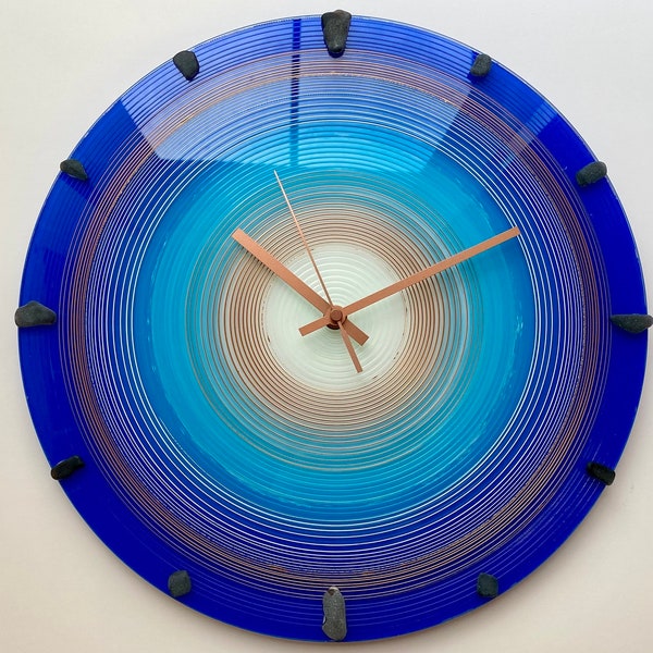 Magic Spiral, Elegant Hypnotic Glass Clock, Brown Sea Glass, Hand Painted, milliart Clock, Blue Spiral, Special Contemporary Art, Art Decor