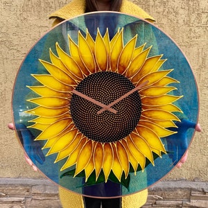 Stained Glass Sunflower Clock: Recycled Glass Floral Wall Art