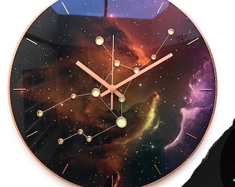 Regalo del signo Virgo, brilla en la oscuridad, reloj celestial, reloj de pared, regalo astrológico, reloj steampunk, arte espacial, decoración espacial, reloj silencioso