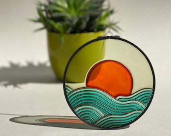 Ocean Waves Suncatcher: Sunrise Painting on Recycled Glass