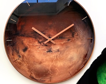 Rustic Boho Decor, Planet Mars, Glow in dark, Wall Art Deco, Fashion Decor, Wall Clock, Steampunk clock, Modern Clock, Glass Art,Large clock