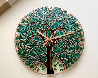 Bemalte Glas-Sommerbaum-Wanduhr: Moderne Glaskunst im Großformat