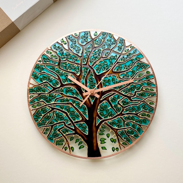 Summer Tree Glass Wall Clock with Copper Details • Green Living Room Wall Decor