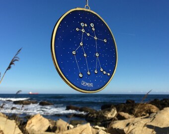 Personalized Gemini Gift Zodiac Sun Catcher in Dark Purple: Painted Glass Celestial Decor