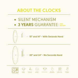 May include: A graphic showing the different sizes of clocks available. The text reads "About the Clocks", "Silent Mechanism", "3 Years Guarantee", "Free Repairs", "10" and 14" - With Seconds Hand", and "20" and 24" - No Seconds Hand".