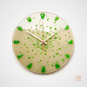 Beige Fused Glass Wall Clock with Green Accents: Glow In The Dark Boho Decor