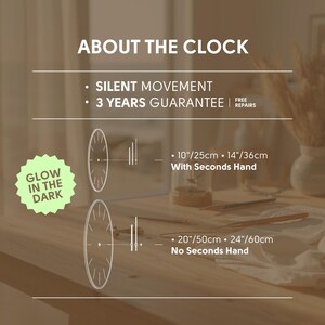 May include: A graphic showing the different sizes of clocks available. The text reads "About the Clocks", "Silent Mechanism", "3 Years Guarantee", "Free Repairs", "10" and 14" - With Seconds Hand", and "20" and 24" - No Seconds Hand".
