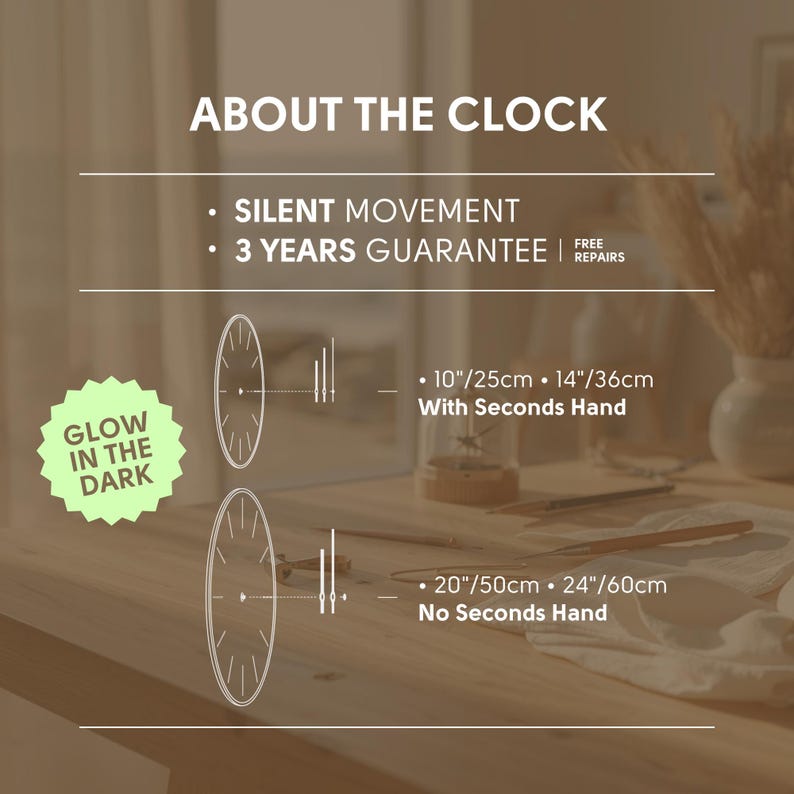 May include: A graphic showing the different sizes of clocks available. The text reads "About the Clocks", "Silent Mechanism", "3 Years Guarantee", "Free Repairs", "10" and 14" - With Seconds Hand", and "20" and 24" - No Seconds Hand".