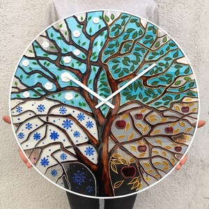 Modern 24-inch tree clock featuring the beauty of all four seasons. Crafted from stained glass, this oversized clock is perfect for nature-themed decor. Ideal for living rooms, entryways, or even commercial spaces.