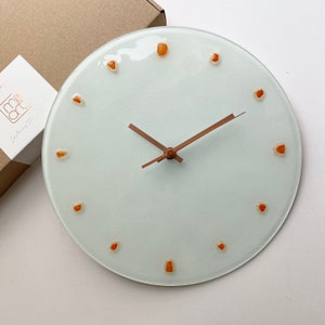 One of a Kind, 12 White Fused Glass Clock, Unique Wall Clock, Modern Wall Clock, Orange Details, Copper Colour Details, Recycle Glass Clock image 4