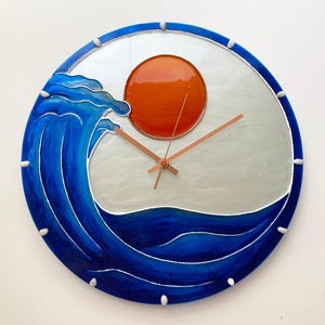 Large Wall Clock Nautical Ocean Wave • Coastal House Decor • Hand Painted Glass Clock • Gift for Dad