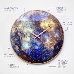 Mercury glass wall clock feature chart showing tempered glass, glow-in-the-dark details, silent movement, easy wall mounting and available sizes.