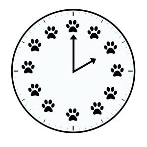 Puede incluir: Una esfera de reloj en blanco y negro con huellas de patas para cada marca de hora. Las manecillas apuntan a las 3 en punto.