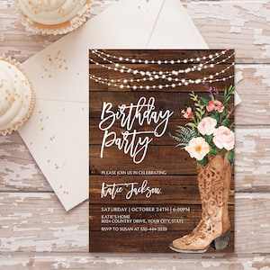 Editable Boho Birthday Party Invitation, Cowgirl Boot Birthday Invite, Rustic Country Birthday Invite, String Lights, Corjl Template 265