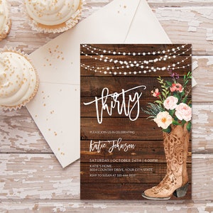 Boho Birthday Party Invitation, Cowgirl Boot Birthday Invite, Rustic Country Birthday, String Lights, Thirty, 30th, 30,  Corjl Template 265