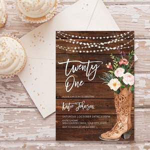 Boho Birthday Party Invitation, Cowgirl Boot Birthday Invite, Rustic Country, String Lights, Twenty-One, 21st, 21,  Corjl Template 265